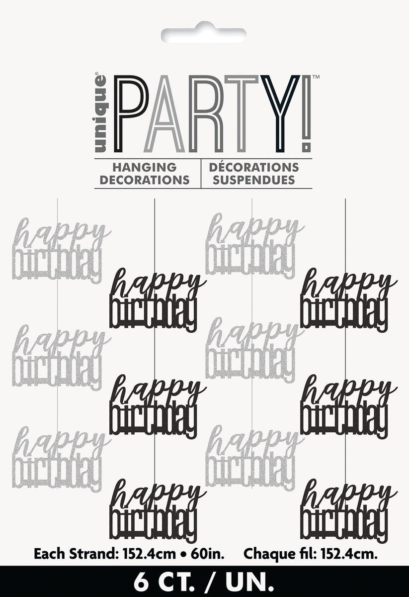 Glitz Black & Silver Hanging Decorations – Happy Birthday (6 Pack, 1.5m)