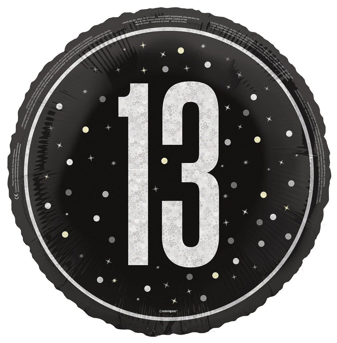 Black "13" 45cm (18") Foil Prismatic Balloon Packaged