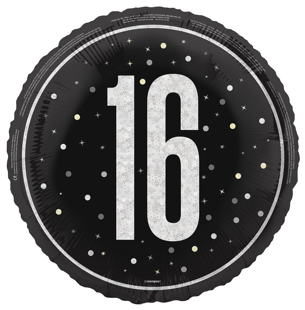 Black "16" 45cm (18") Foil Prismatic Balloon Packaged