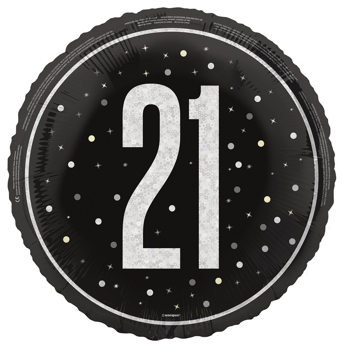 Black "21" 45cm (18") Foil Prismatic Balloon Packaged