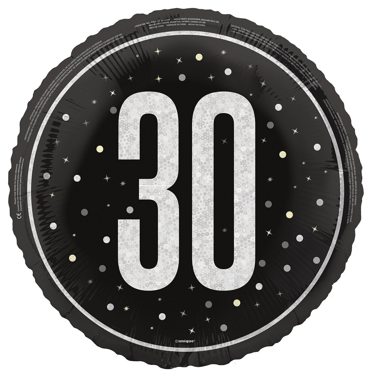 Black "30" 45cm (18") Foil Prismatic Balloon Packaged