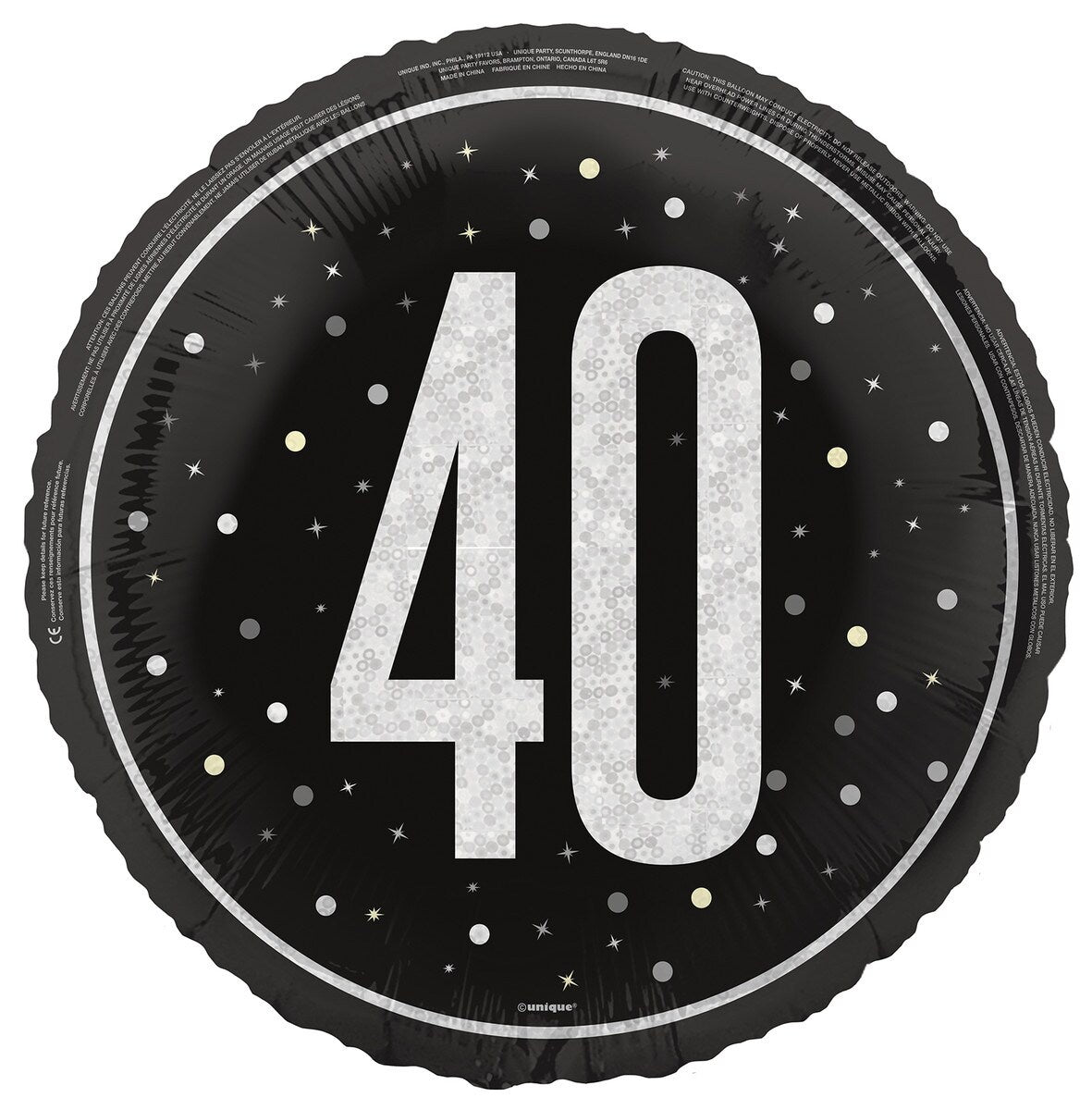Black "40" 45cm (18") Foil Prismatic Balloon Packaged