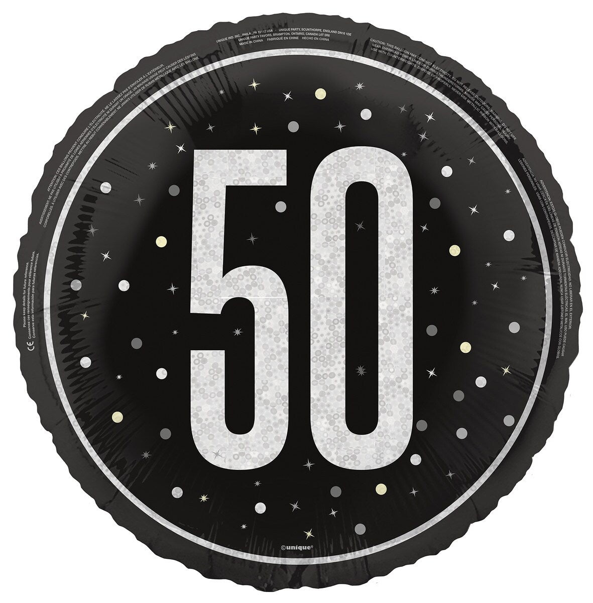 Black "50" 45cm (18") Foil Prismatic Balloon Packaged