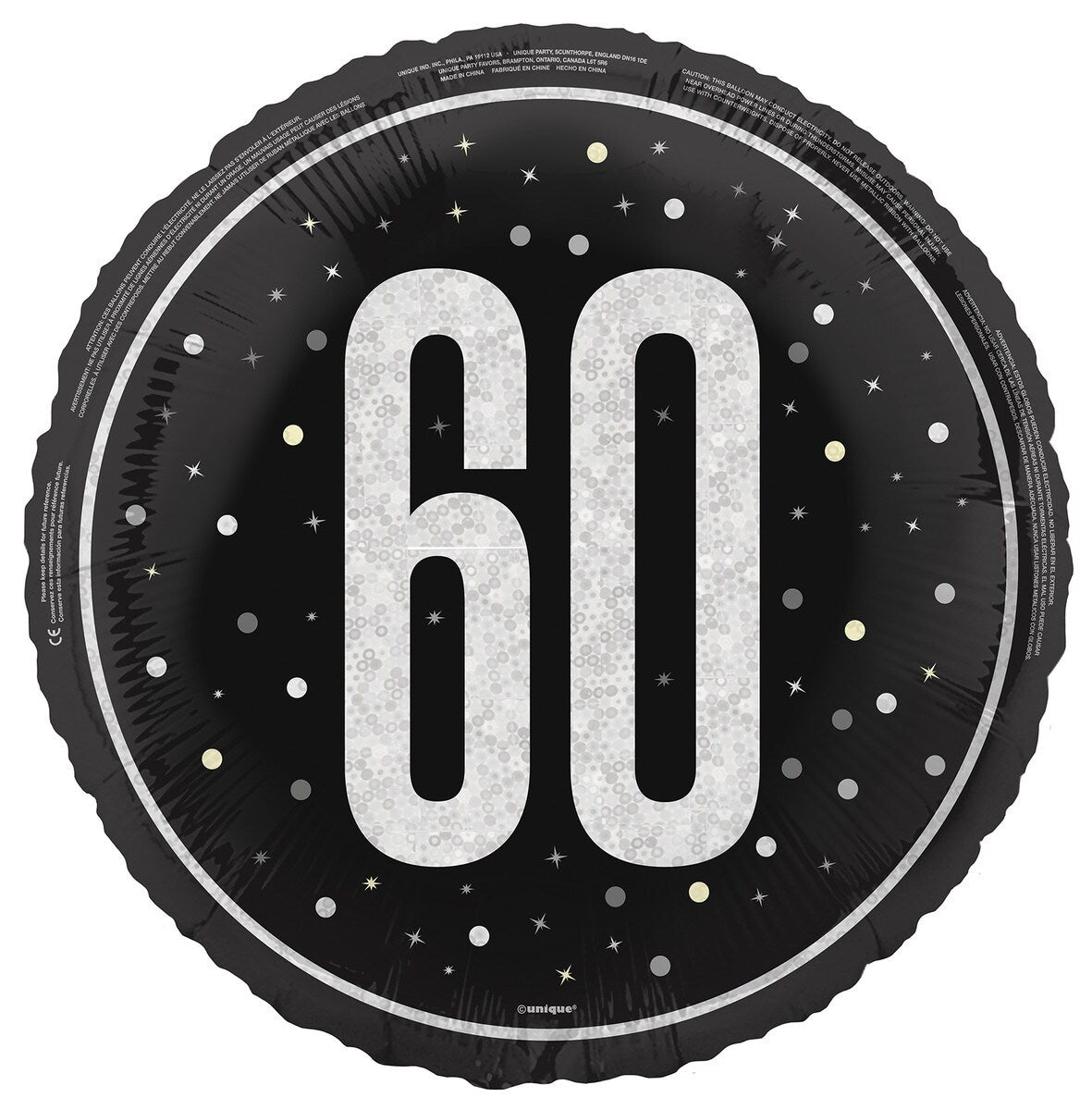 Black "60" 45cm (18") Foil Prismatic Balloon Packaged