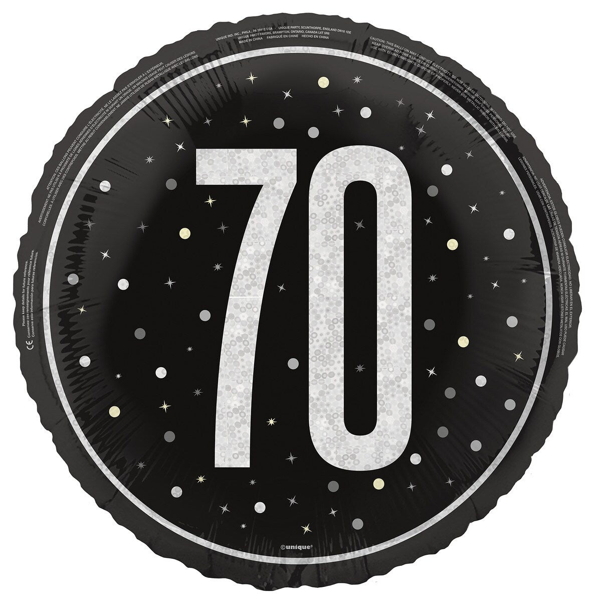 Black "70" 45cm (18") Foil Prismatic Balloon Packaged