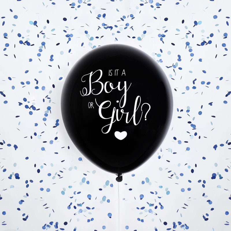 Gender Reveal Black Balloon Is It A Boy Or Girl 45cm Blue Confetti