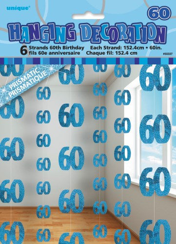 Glitz Blue 6 Hanging Decorations 60th Birthday 1.5m