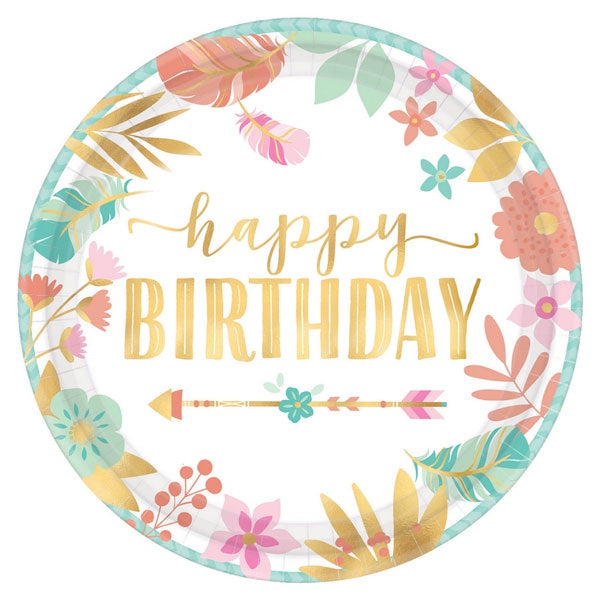 Boho Birthday Girl 7"/18cm Paper Plates Pack Of 8