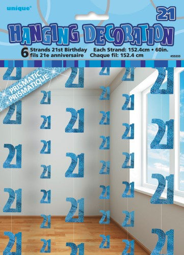 Glitz Blue 6 Hanging Decorations 21st Birthday 1.5m