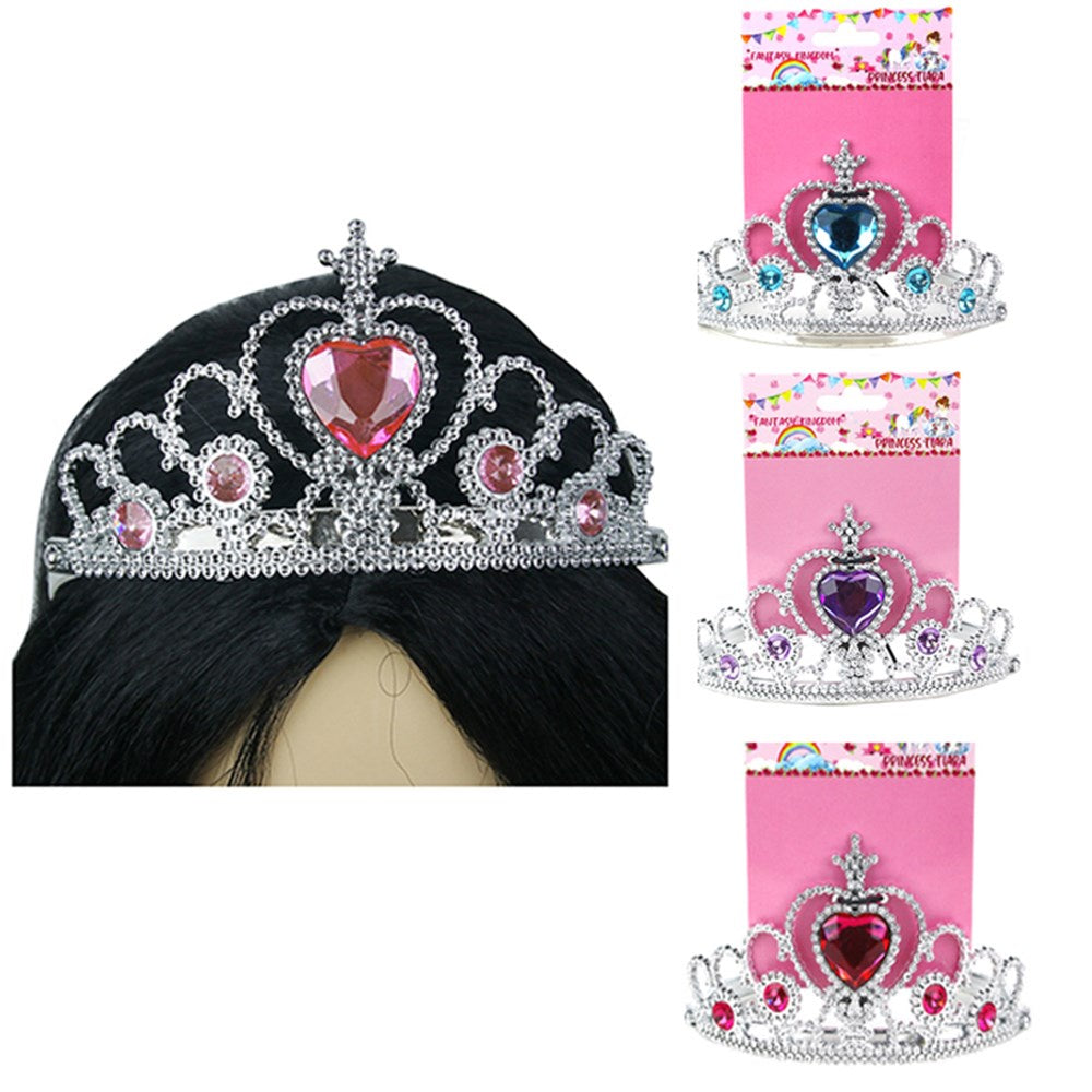 Princess Tiara Silver Crown with Coloured Heart Jewel - 1pc