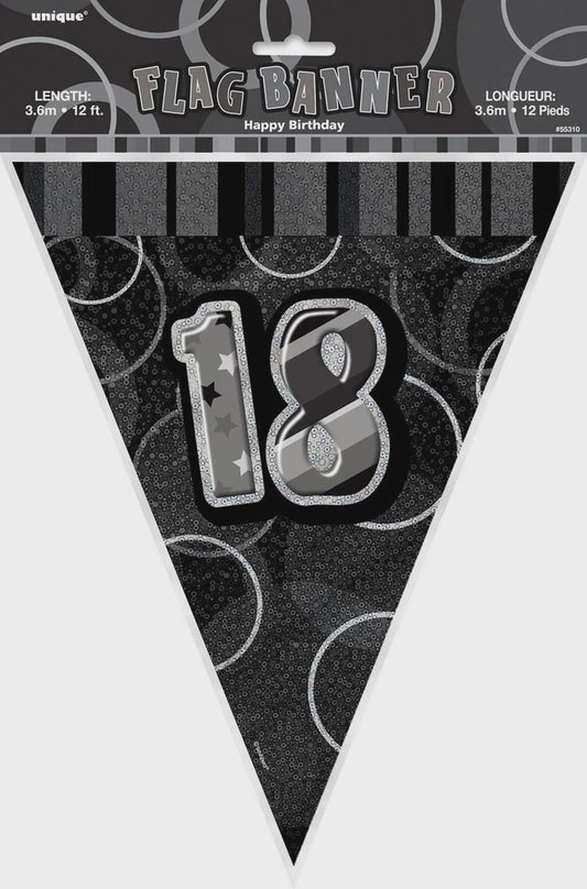 Glitz Black And Silver Flag Banner 18th Birthday