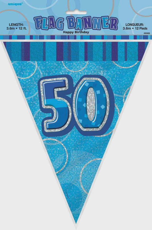 Glitz Blue And Silver Flag Banner 50th Birthday
