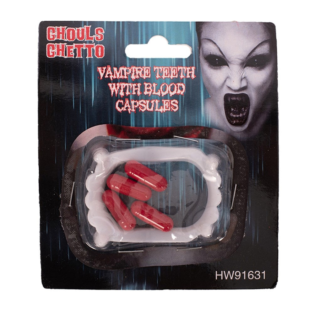 Vampire Teeth with 4 Blood Capsules – Halloween Costume Accessory
