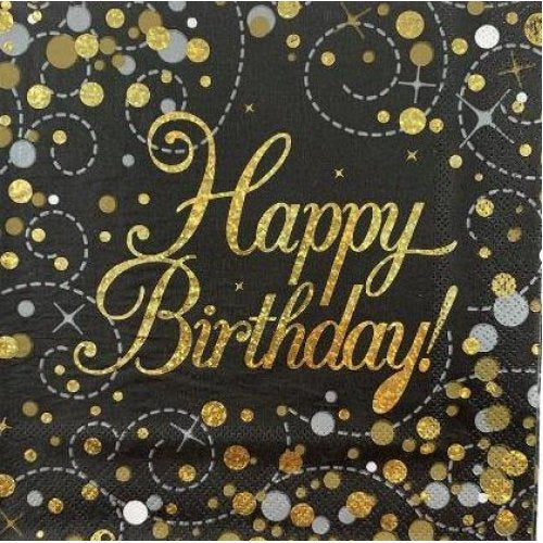 Sparkling Fizz Black Gold Napkin 33cm Happy Birthday P16
