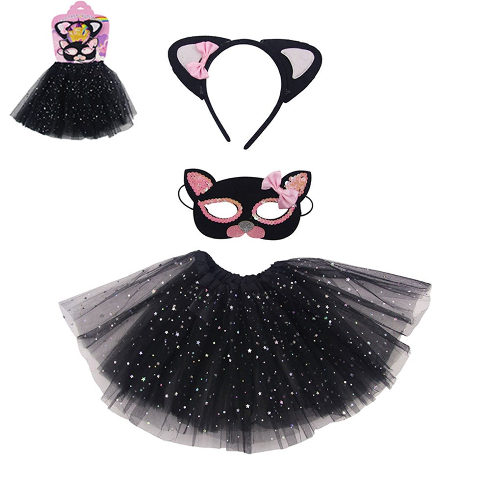 3PC Instant Cat Kit Headband Mask Tutu Black Pink