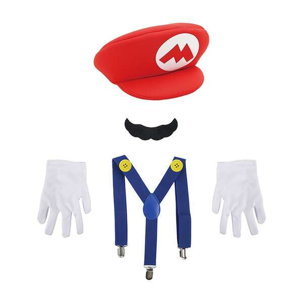 5PC KIDS MARIO DRESS UP KIT-HAT, MOUSTACHE, BUTTON, SUSPENDER, GLOVES