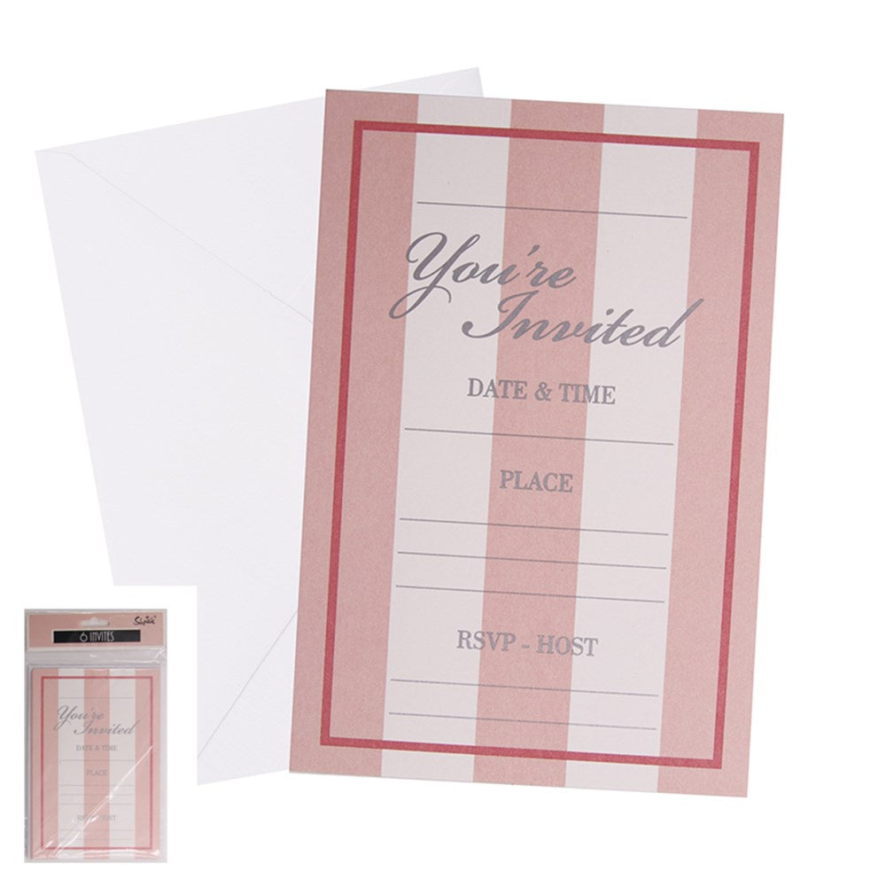 6 PINK STRIPED INVITES W/ENVELOPES-17X11.5CM