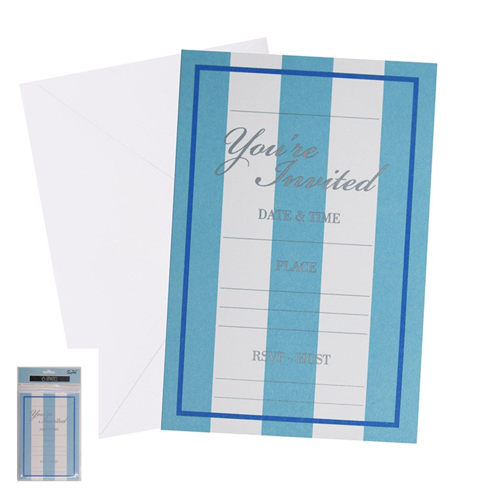 6 BLUE STRIPED INVITES W/ENVELOPES-17X11.5CM