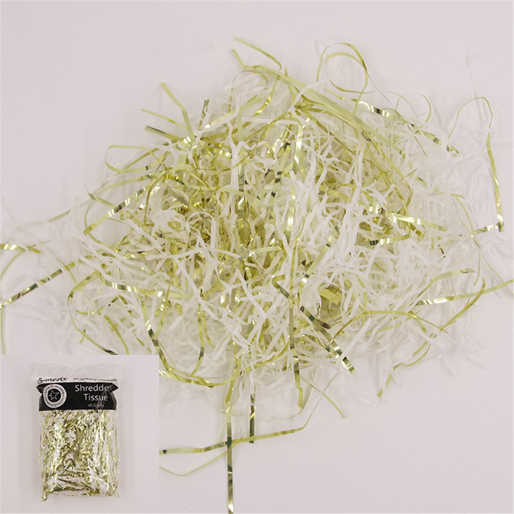 40g White & Gold Shredded Paper Filler – Gift Box, Hamper & Packaging Decoration