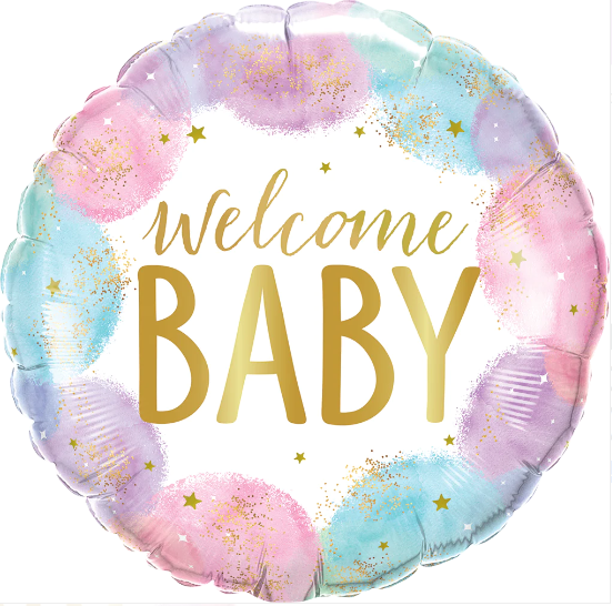 18" Round Foil Print Welcome Baby Watercolor