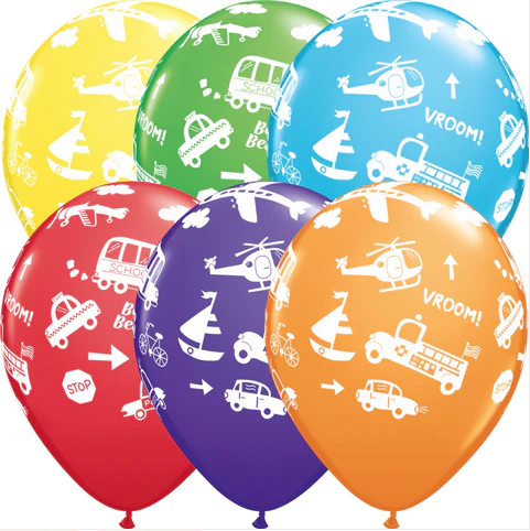 11" Print Rainbow Assorted Color Transportation Latex Balloons Pack Of 50
