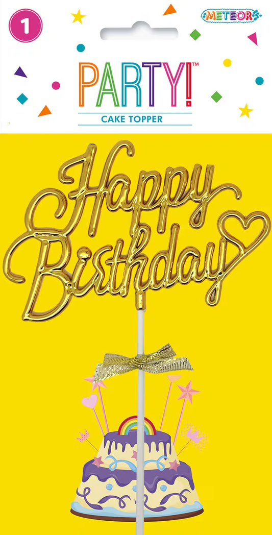 Gold Happy Birthday Cake Topper with Bow 13cm  x 14cm