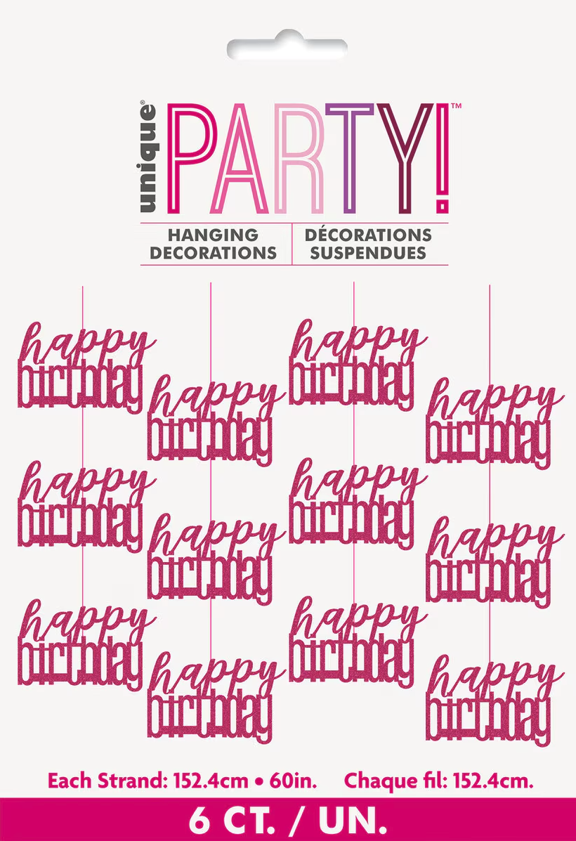 Glitz Pink 6 Hanging Decorations 1.5m (5') - Happy Birthday