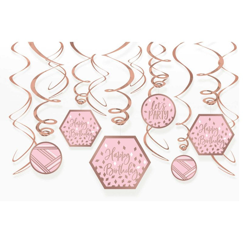 Blush Birthday Swirl Decorations Pack Of 12