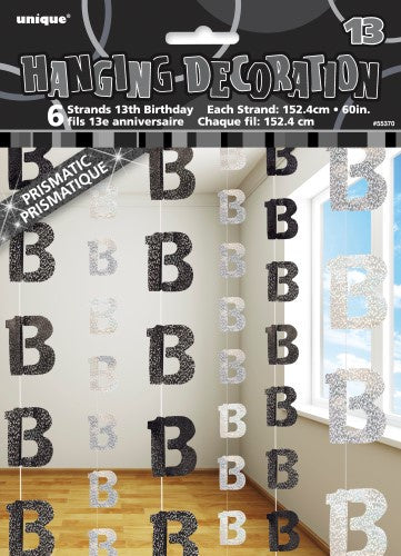 Glitz Black And Silver 6 Hanging Decorations 13th Birthday 1.5m
