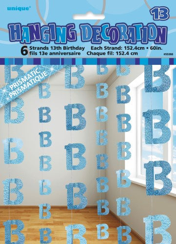 Glitz Blue 6 Hanging Decorations 13th Birthday 1.5m