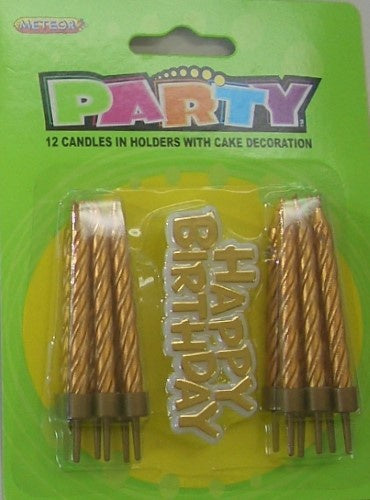 Gold Birthday Candles Pack Of 12 And Plastic Happy Birthday Cake Topper