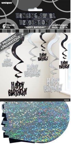 Glitz Black And Silver 6 Hanging Swirls Decorations Happy Birthday
