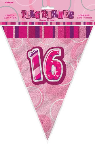 GLITZ PINK FLAG BANNER 16TH BIRTHDAY