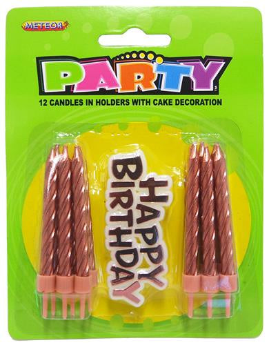 Rose Gold Birthday Candles Pack Of 12 And Plastic Happy Birthday Cake Topper