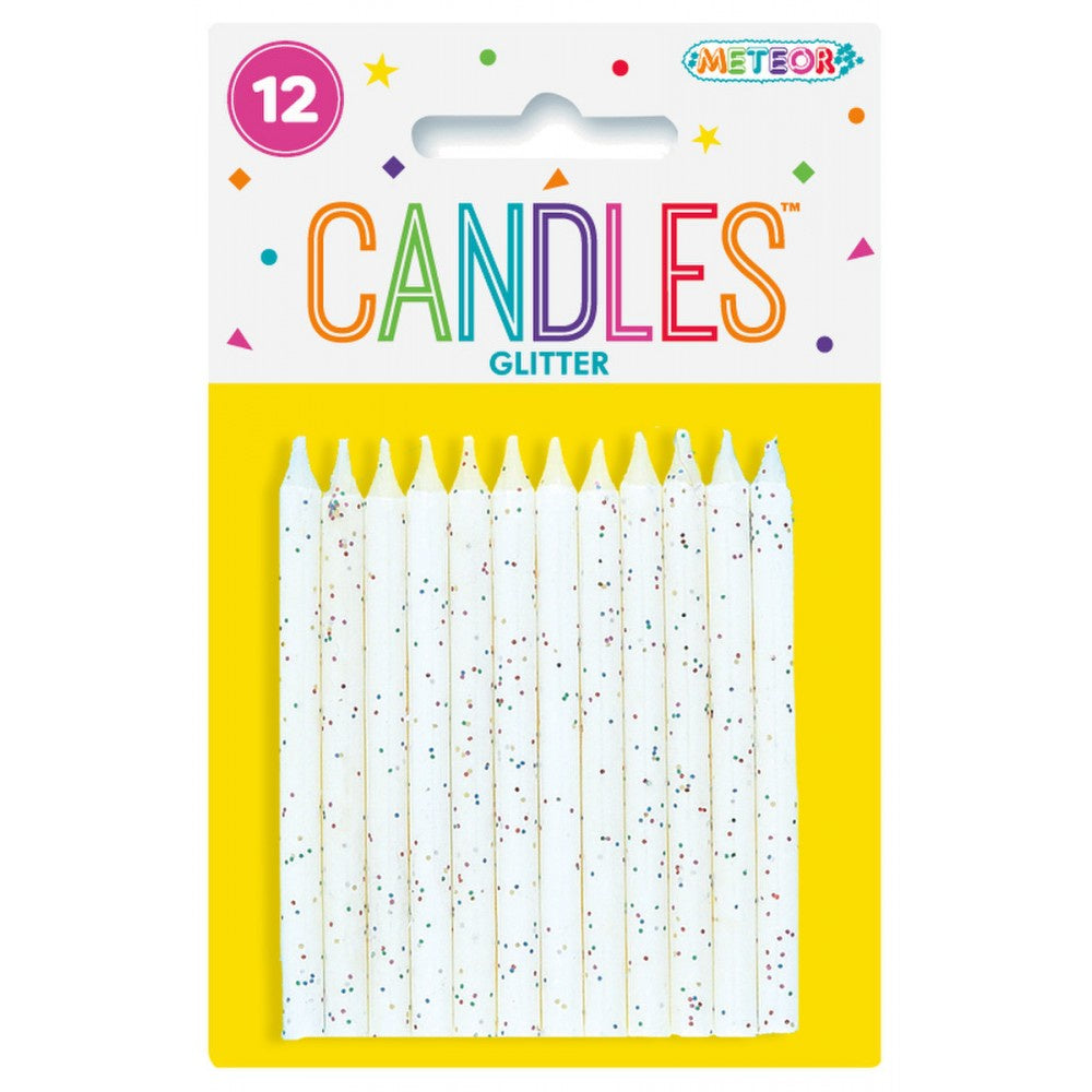12 Glitter Candles - White