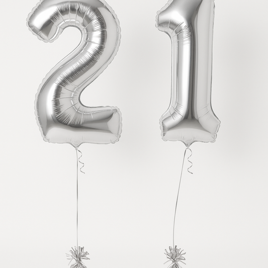 Foil Number Balloons 21 – Helium Filled with Balloon Weights – Silver Metallic Party Decoration