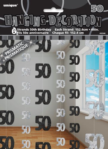 Glitz Black And Silver 6 Hanging Decorations 50th Birthday 1.5m