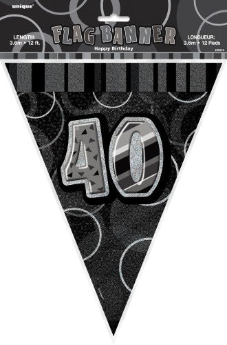 Glitz Black And Silver Flag Banner 40th Birthday