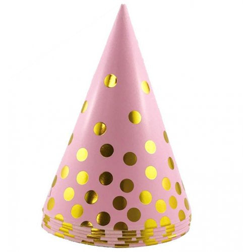 Party Hat Cone Pink With Gold Dots Pack Of 6