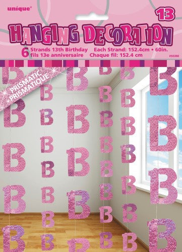 Glitz Pink 6 Hanging Decorations 13th Birthday 1.5m