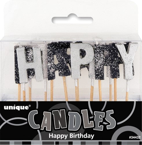 Glitz Black And Silver Glitter Happy Birthday Candle Set