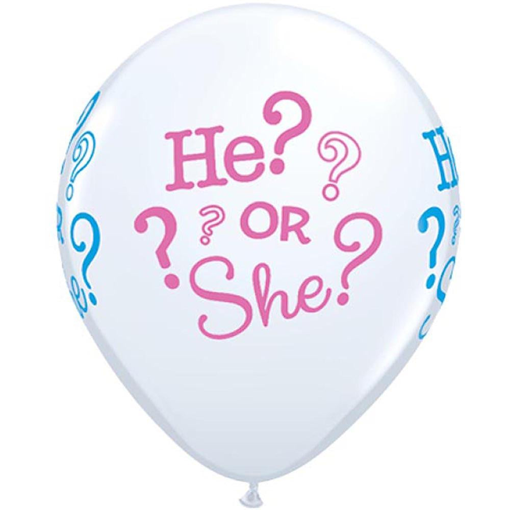 11" PRINT WHITE HE OR SHE LATEX BALLOONS PACK OF 50