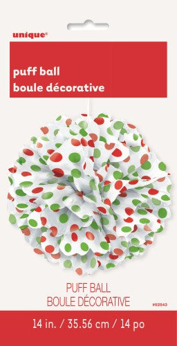 Tissue Paper Puff Ball Decoration Red & Green Dots 35cm