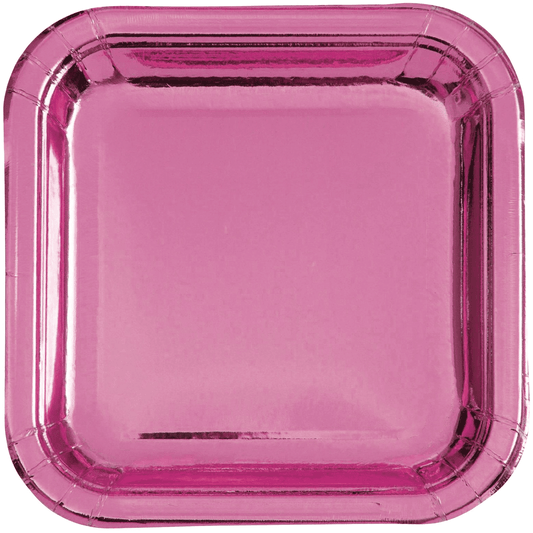 Hot Pink Foil Plates Square 9" Pack Of 8