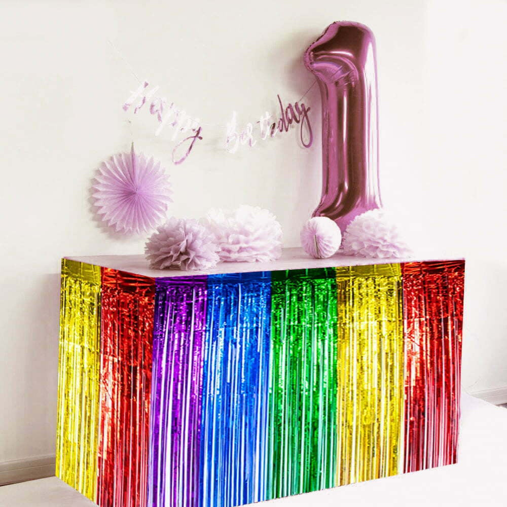Rainbow Metallic Fringe Table Skirt 2.75m x 75cm