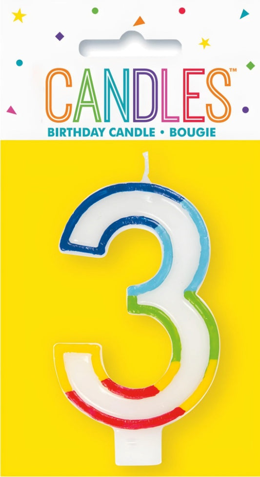 Number 3 Birthday Candle – White with Rainbow Border