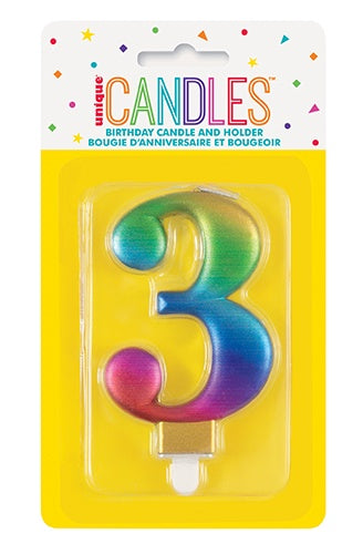 METALLIC RAINBOW BIRTHDAY CANDLE - NUMBER 3