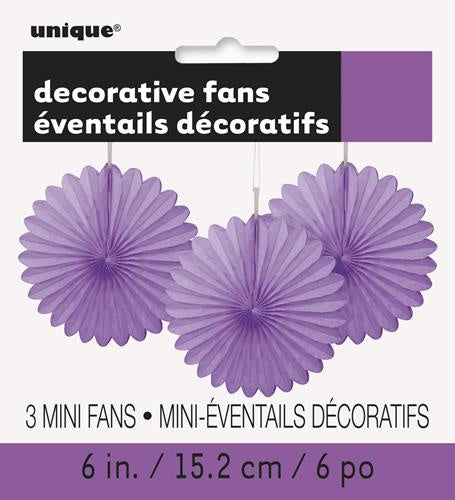 3 Mini Decorative Fan Tissue Paper Purple 15cm