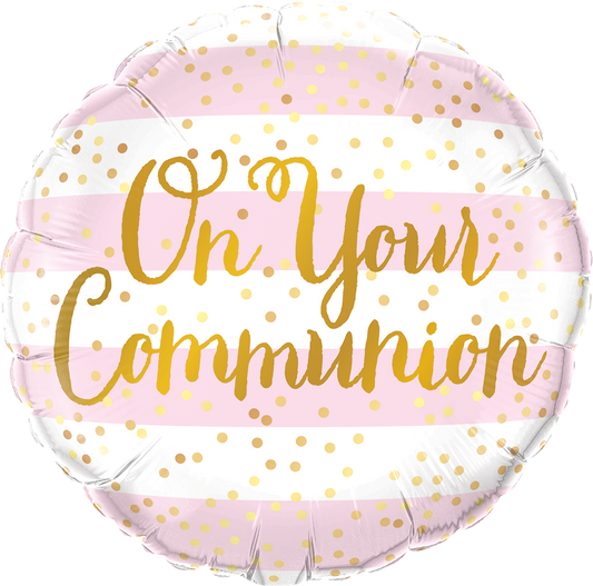 On Your Communion Pink Stripes Foil Balloon 18inch(45cm)