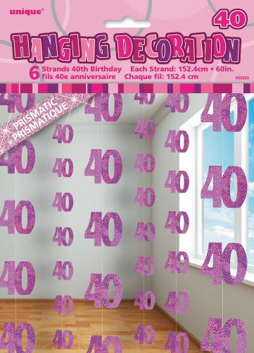 Glitz Pink 6 Hanging Decorations 40th Birthday 1.5m